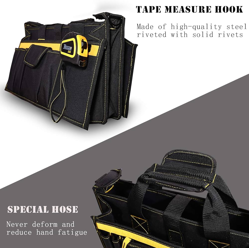 Sac a Outils, TECCPO Professional Sac Porte-outils 30 cm, Stockage Fort avec Base en Caoutchouc Resistant a lUsure, Bandouliere Reglable, Pognées en Caoutchouc, 16 Poches -