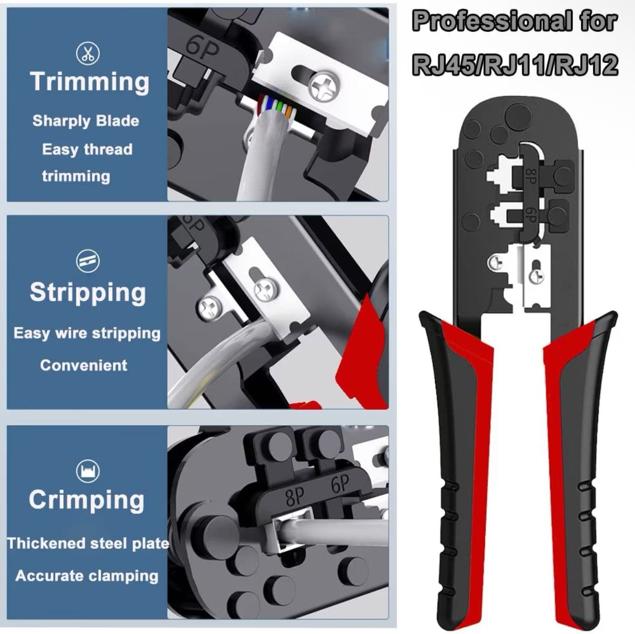 RJ45 Outils Kit Réseau Professionnel Pince à Sertir RJ12 RJ11 CAT5 CAT6 Cirmpature pour Câbles Réseau Entretien Kit LAN Testeur de Câble Outils de Réparation (Noir
