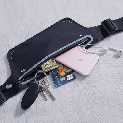 Ensemble de bracelet de sac de hanche de sport, ensemble de sac de course de sport et de bracelet pour smartphones ceinture de course de jogging, sac banane femme homme, avec porte-clé, trou pour casque et bande d'extension - Noir