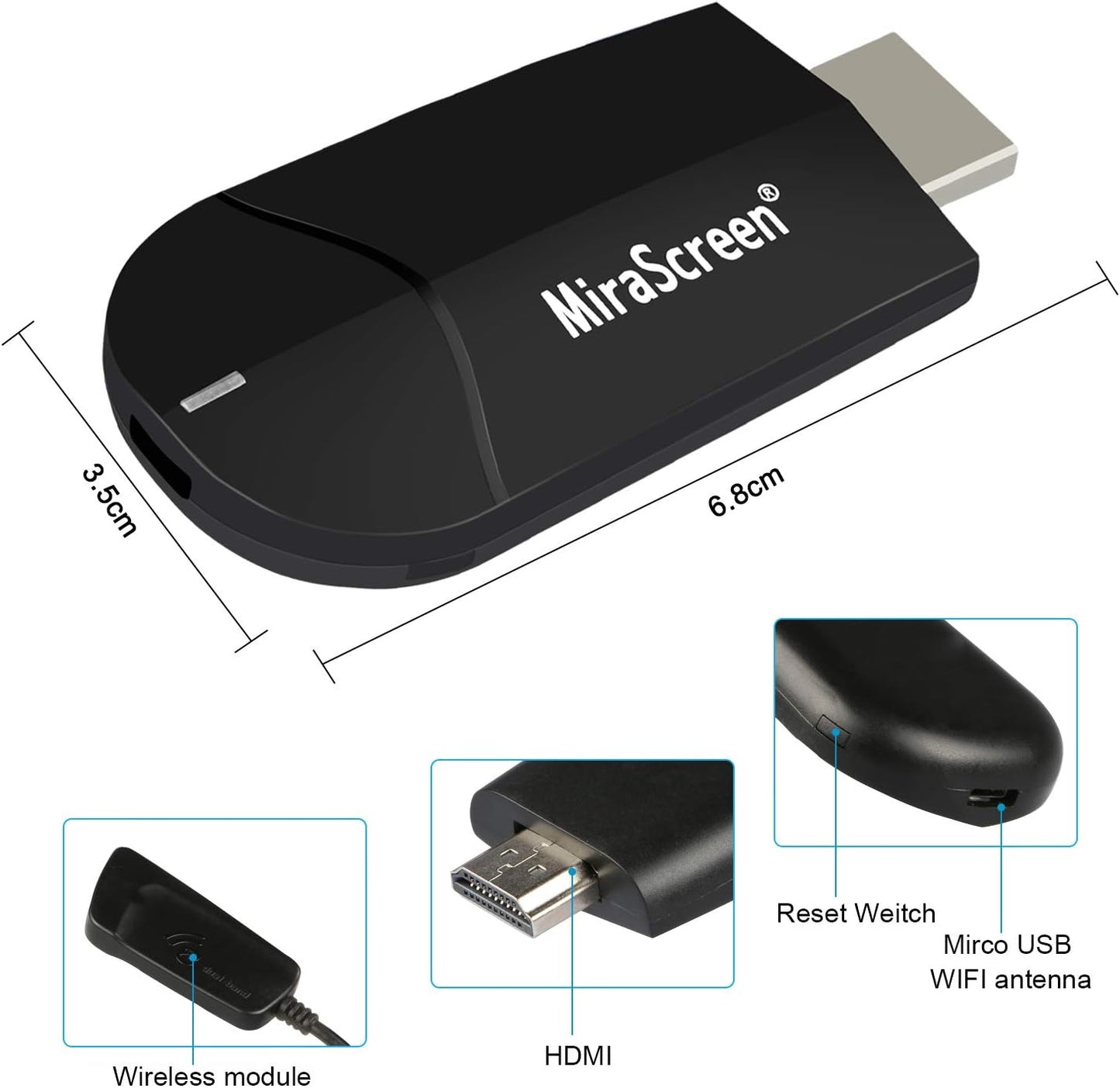 Miracast AirPlay DLNA Écran WiFi 2,4 G + 5 G sans Fil 4K HDMI Adaptateur Mini Appareil de Miroir Support Miracast AirPlay DLNA pour Smartphones Android/PC/MacBook sur Moniteur TV/projecteur