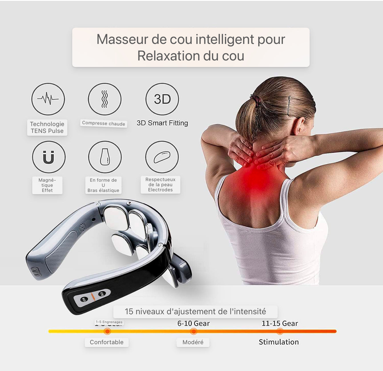 Masseur de cou, masseur de cou intelligent avec fonction de chaleur, masseur de dos à impulsion électrique, soulagement de la douleur au cou et à l'épaule, pour la maison, le bureau, les voyages