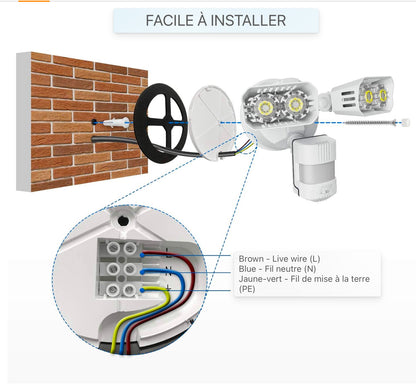 Projecteur LED avec détecteur de mouvement extérieur, lampe d'extérieur à LED 1800LM avec 2 têtes réglables, lumière de sécurité super brillante 5000K, éclairage étanche IP65 pour garage, jardin, blanc [classe énergétique E]