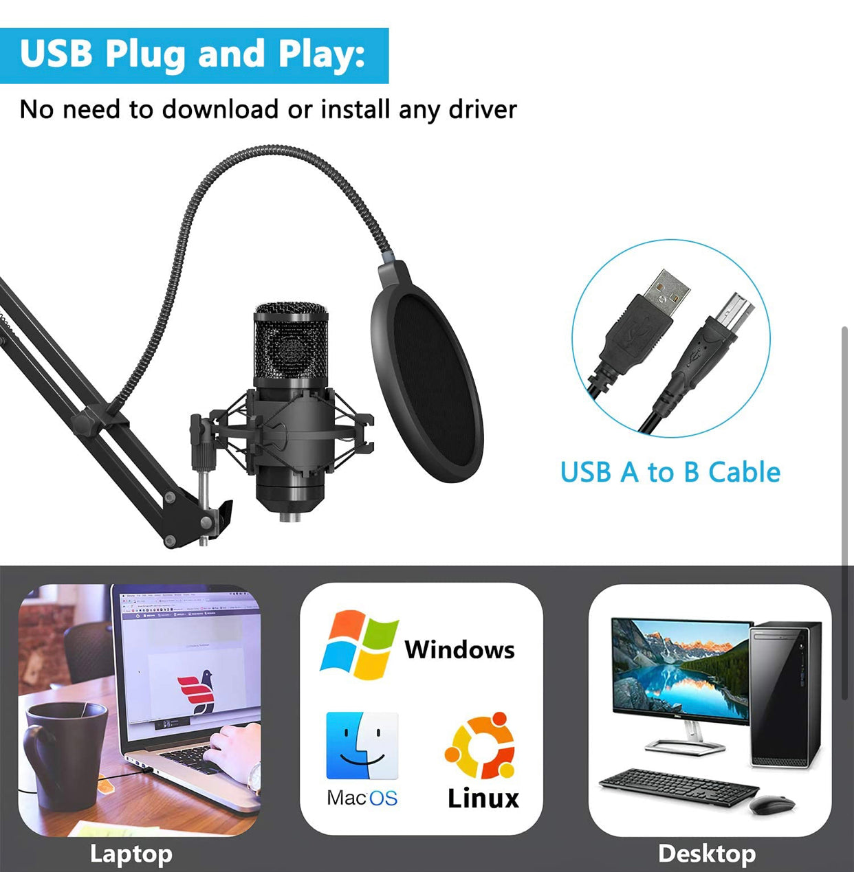 Microphone Kit Professionnel USB - Condensateur avec Filtre Anti-Pop PC neuf