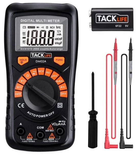 Multimètre Numérique Classique, Multi-Testeur TACKLIFE avec Détection de Tension sans Contact, Ecran LCD Rétroéclairé - DM02A