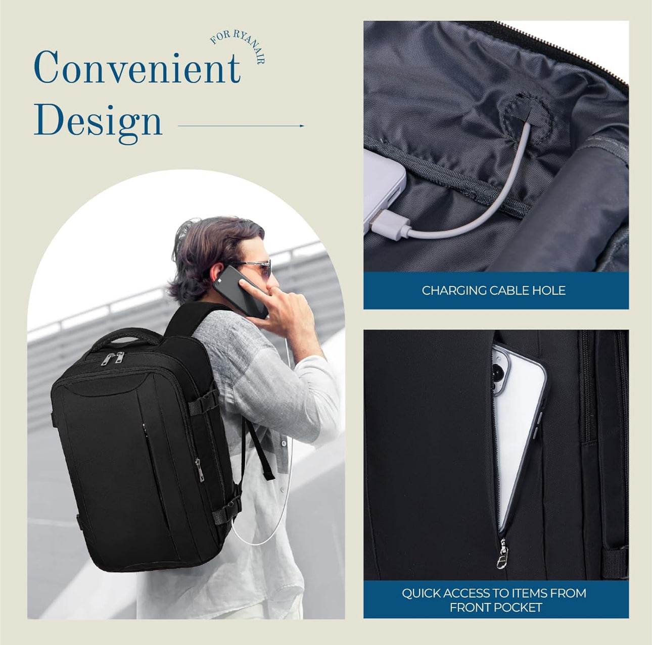 Sac a Dos Voyage Cabine Avion Valise Bagages Cabine Sac 40x20x25 pour Ryanair Easyjet Vueling Wizz Air Femme Homme