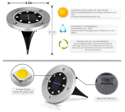 Lampadaires solaires, 8 LEDs Lampadaires solaires Lampes de jardin solaires d'extérieur Lampes solaires blanches chaudes IP65 Projecteurs de sol étanches Lumière de paysage de jardin pour pelouse [6 pièces]