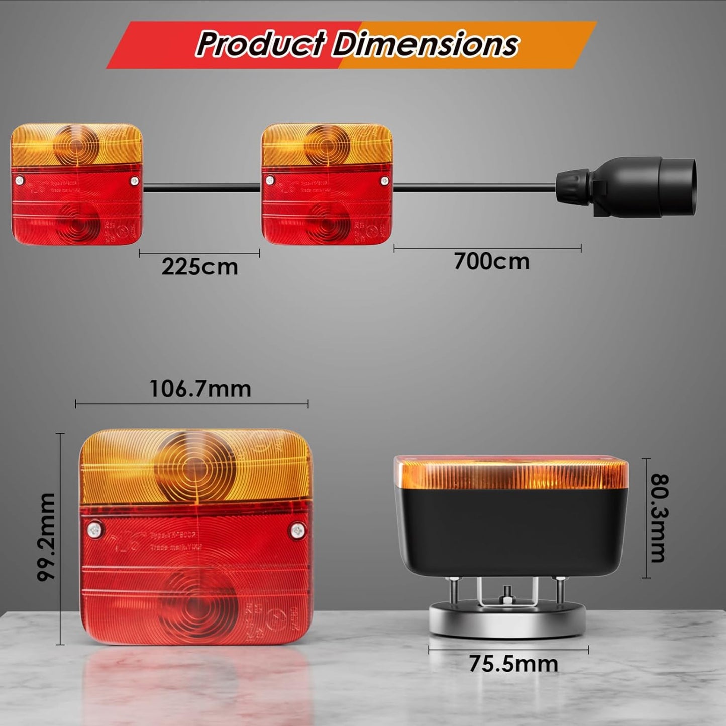 Feux Remorque avec 7M Câble Feu Arrière de Remorque 12V 7 Broches avec Marque de Test E pour Voitures Camions Caravanes Bateaux Camionnettes Feux Arrière d'éclairage