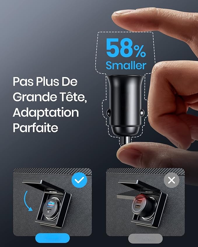 Allume Cigare USB C, 2 Ports 60W Charge Rapide Chargeur Voiture with USB C USB A, Prise Allume Cigare 12V pour iPhone 15 14 13 12 11 Pro Max Mini Plus Samsung S23 Huawei iPad AirPods Switch etc
