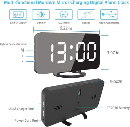 Réveil Numérique LED Miroir Horlogue Digital Réveil de Chevet Réveil Matin Miroir Maquillage Fonction Snooze, Lumière de Nuit, Luminosité Réglable, Double Ports USB Charger Téléphones Intelligents