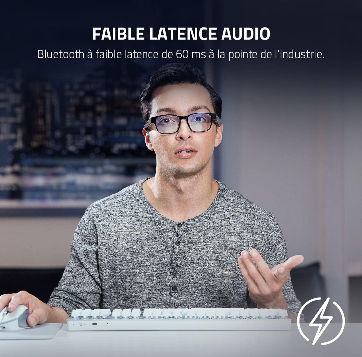 Lunettes à filtre anti-lumière bleue ou lunettes de soleil audio (Rectangle, Large) (Son à faible latence, Conception IPX4 résistante à l’eau, Micro intégré et haut-parleurs) Noir Razer Anzu