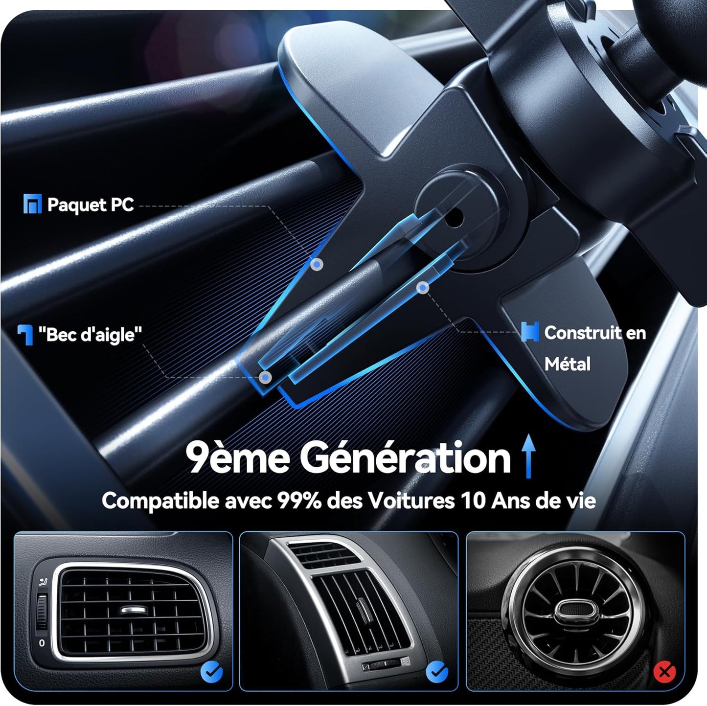 Auckly 15W Support Telephone Voiture Magsafe, (1.73kg) Magnétique Qi sans Fil Chargeur Magsafe Voiture, Grille d'aération, pour iPhone 16/15/14/13/12 Pro Max Mini Plus, Rapide, Aluminium, Noir
