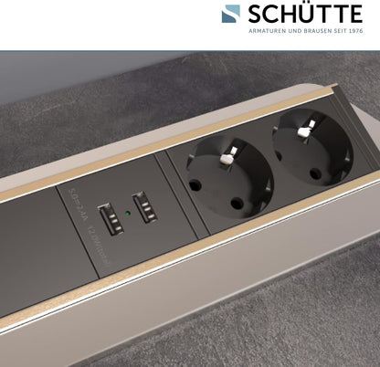 SCHÜTTE Multiprise Pliable pour Plan de Travail (2 Ports USB et 2 Prises de 230 V), Prise encastrable pour la Cuisine à équiper, Prise de Table en Acier Inoxydable