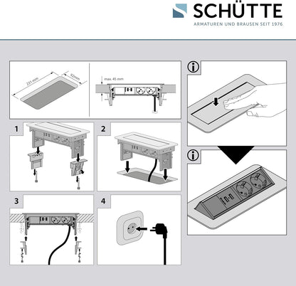 SCHÜTTE Multiprise Pliable pour Plan de Travail (2 Ports USB et 2 Prises de 230 V), Prise encastrable pour la Cuisine à équiper, Prise de Table en Acier Inoxydable