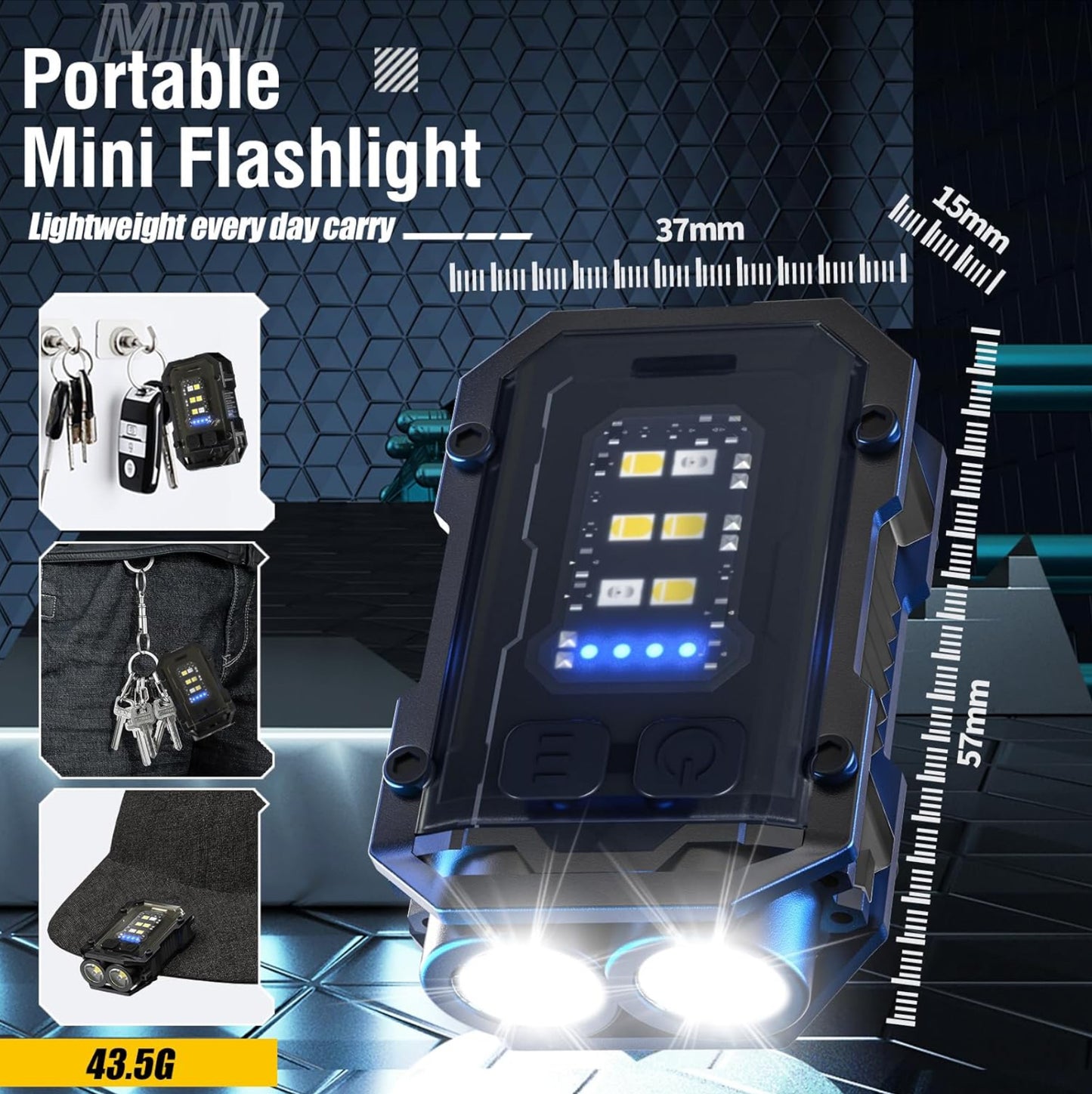 Mini Torche Cadeau Fete des Peres LED Puissante Rechargeable USB C avec Rouge Bleue Flash Light, Lampe de Poche 900 Lumens, Multifonctionnelle Lampe Porte-Clés(Noir)