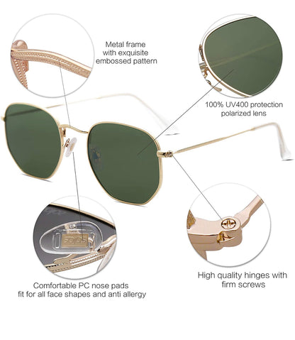 SOJOS Lunettes de Soleil Moderne Géométrique Métal Temples Minces Polarisé Lentille Plate Hexagonal pour Femmes et Hommes SJ1072