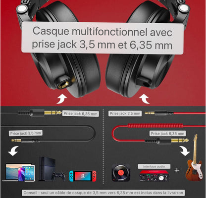 Casque Over Ear, Casque DJ avec câble, Casque HiFi Studio fermé professionnel avec port de partage pour batterie électrique Piano Guitare AMP Surveillance de l'enregistrement