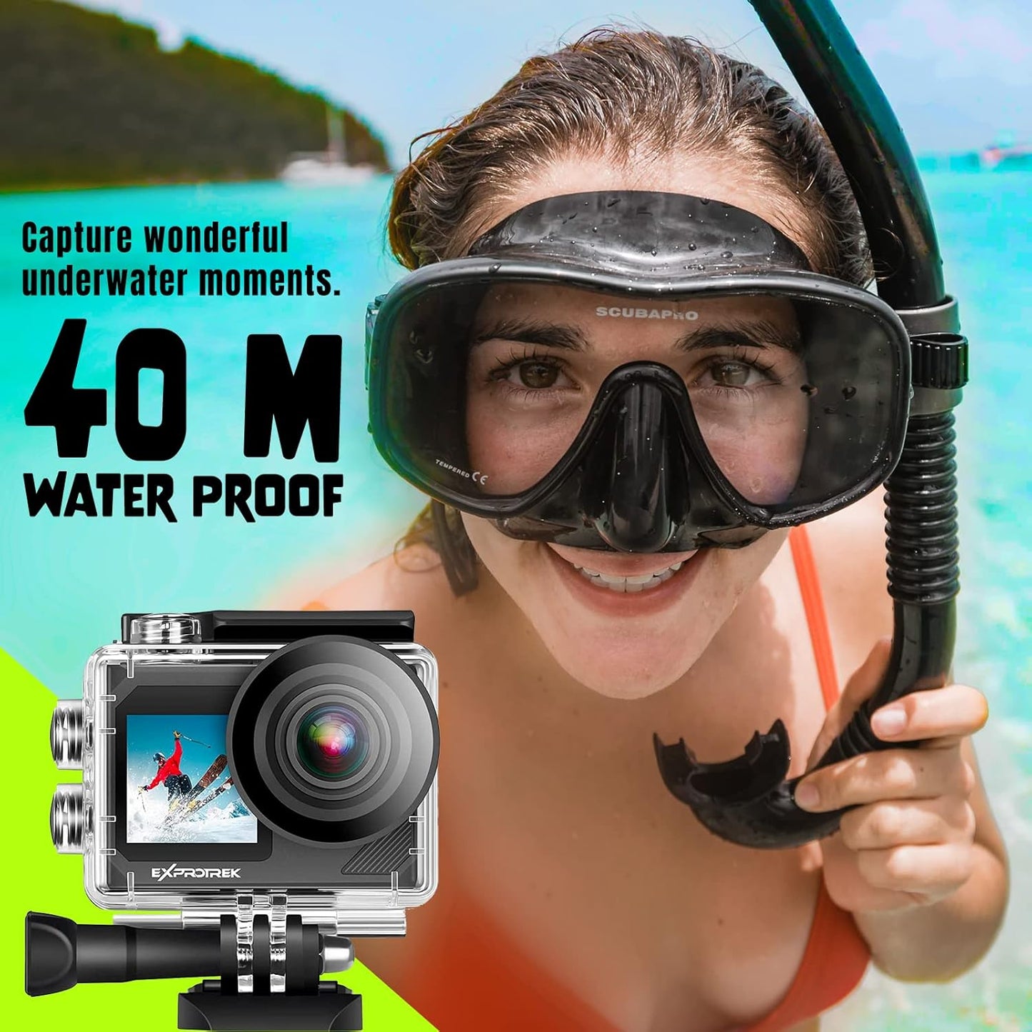 Exprotrek Action Camera 4K 30fps Ultra HD, Caméra d'action 40 m 100 Pieds étanche WiFi Ultra Grand Angle 170°, télécommande, 2 Batteries et kit d'accessoires pour Casque
