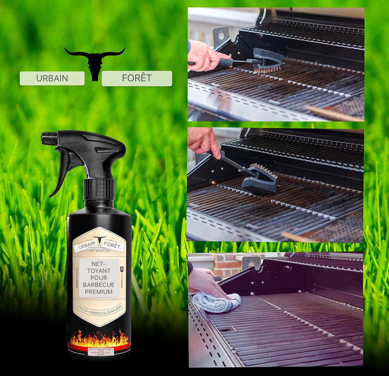 URBAN FOREST® Premium Nettoyant pour gril avec formule de puissance active 500ml contre les dépôts tenaces, la suie et la graisse | Nettoyant pour gril pour le nettoyage du gril pour barbecue à gaz Grille de gril en fonte en acier inoxydable et bien plus