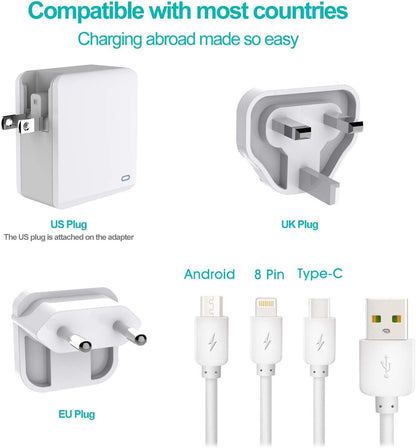 MiliPow Chargeur USB 4 Ports, Adaptateur Secteur de Voyage avec fiches US/UK/UE 24W 5V / 2,4A Compatible avec iPhone, Galaxy S9 / S8 / Note 8, Huawei P20, Tablette etc.