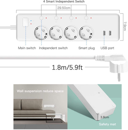 Prise Connectée WIFI Yuanguo Multiprise Intelligente 4000W 16A Indépendants Contrôle Vocal Français de App Compactible avec Alexa/Google Home/IFTTT 4Sortie 2USB Protection contre Surcharge