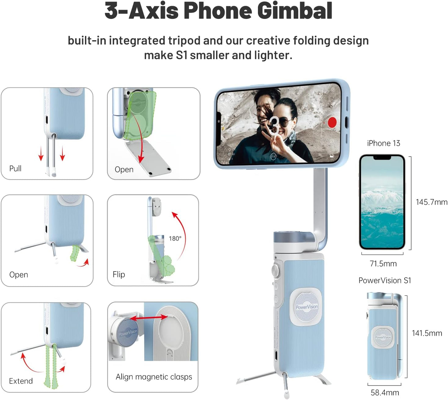 Stabilisateur 3 axe 3en1 smartphone, caméra sport, compatible MagSafe, powerbank iPhone, androïde