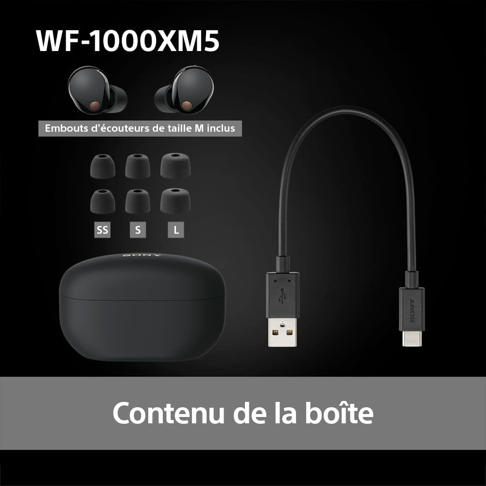 Sony WF-1000XM5 écouteurs sans Fil à réduction de Bruit, Bluetooth, Intra-Auriculaires avec Micro, 36 Heures d'autonomie, Charge Rapide, IPX4, Compatible iOS et Android - Noir