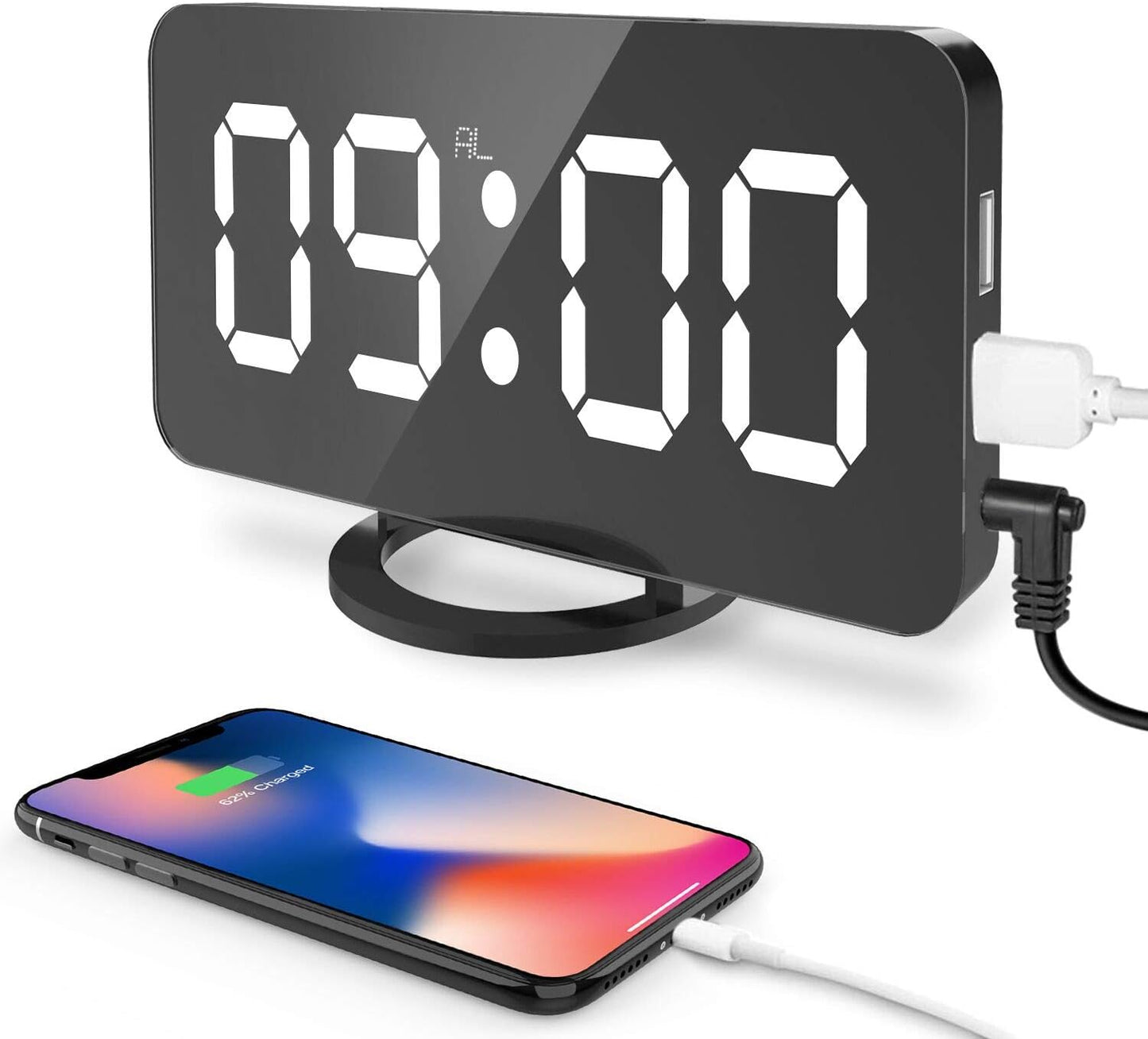 Réveil Numérique LED Miroir Horlogue Digital Réveil de Chevet Réveil Matin Miroir Maquillage Fonction Snooze, Lumière de Nuit, Luminosité Réglable, Double Ports USB Charger Téléphones Intelligents