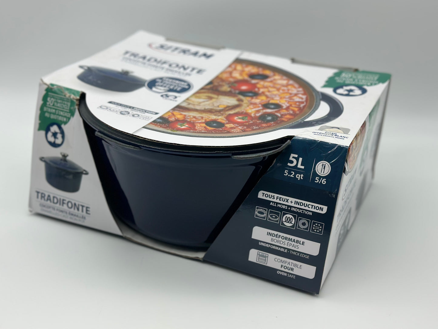 SITRAM Cocotte induction fonte émaillée recyclée ronde 5 L bleu/rouge 25 x 12 cm neuve