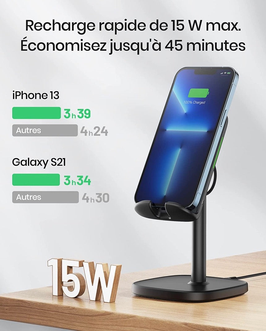 Chargeur Induction, 15W Certifié Qi Charge Rapide à Double Bobine, Lumière Adaptative Facile à Dormir