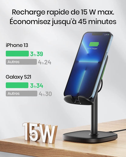 Chargeur Induction, 15W Certifié Qi Charge Rapide à Double Bobine, Lumière Adaptative Facile à Dormir