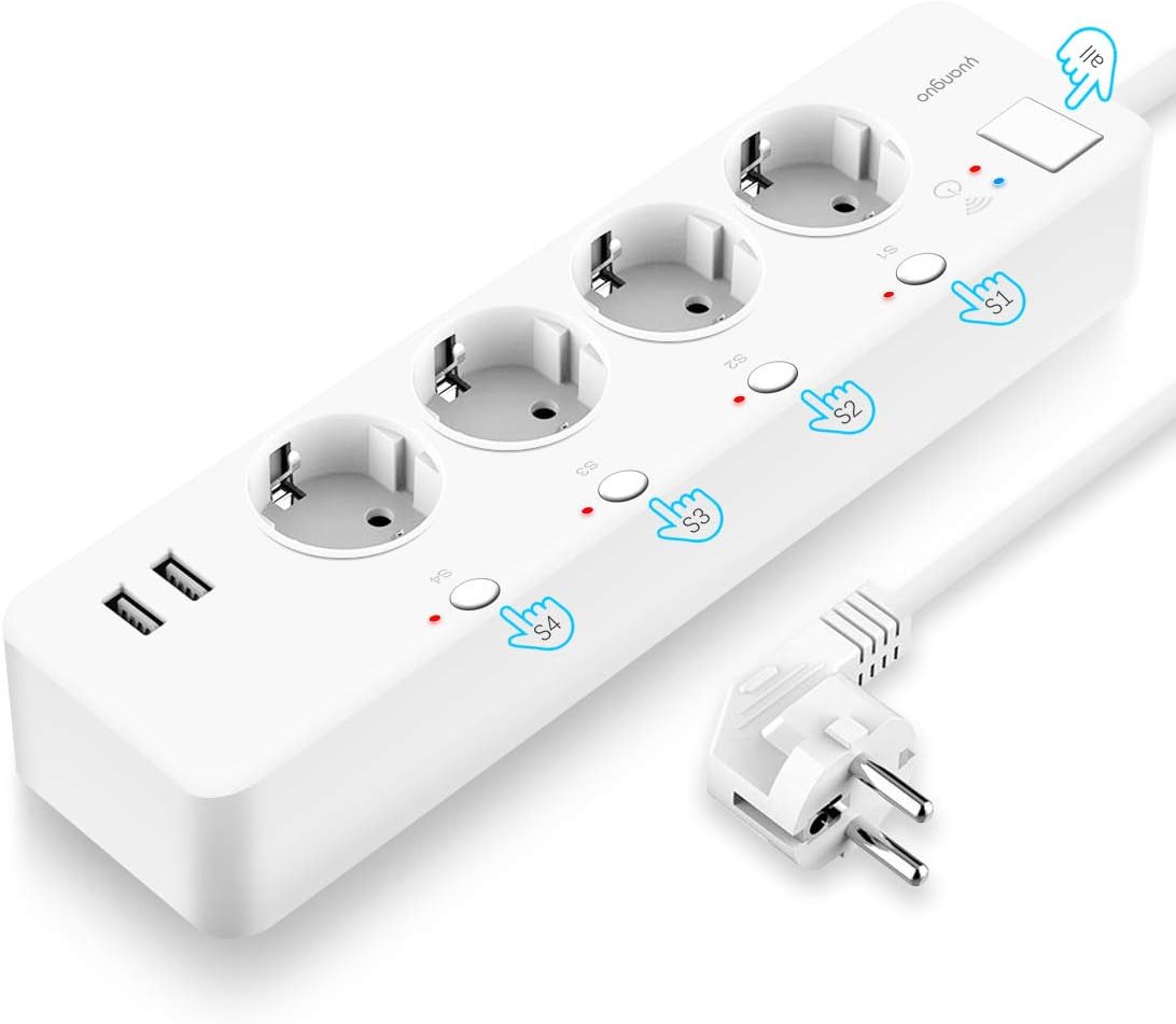 Prise Connectée WIFI Yuanguo Multiprise Intelligente 4000W 16A Indépendants Contrôle Vocal Français de App Compactible avec Alexa/Google Home/IFTTT 4Sortie 2USB Protection contre Surcharge