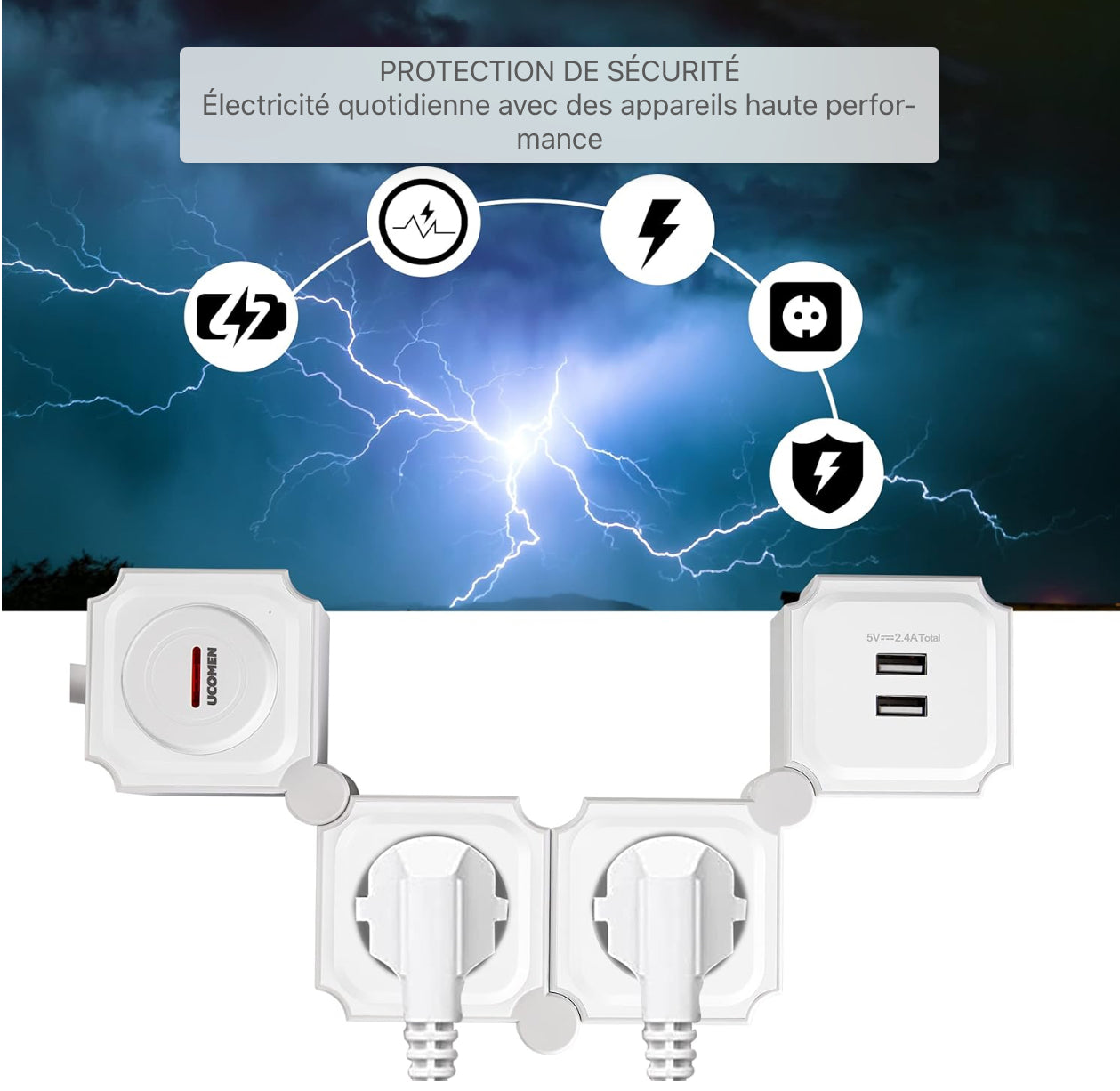 Multiprise Protection contre les surtensions Prise multiple avec fonction de charge USB, adaptateur de prise à 2 compartiments, répartiteur de prise à rotation de 180 degrés pour voyage avec interrupteur, à la maison 3680W 16A, blanc
