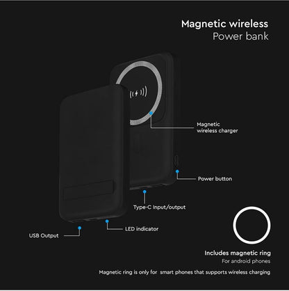 V-TAC Power Bank Magnétique Compatible avec MagSafe - 10 000 mAh - Charge Rapide PD 20 W - Batterie Externe pour Apple iPhone 12/13/14/15/Mini/Pro/Max - Noir