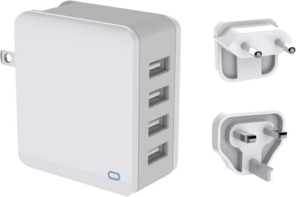 MiliPow Chargeur USB 4 Ports, Adaptateur Secteur de Voyage avec fiches US/UK/UE 24W 5V / 2,4A Compatible avec iPhone, Galaxy S9 / S8 / Note 8, Huawei P20, Tablette etc.