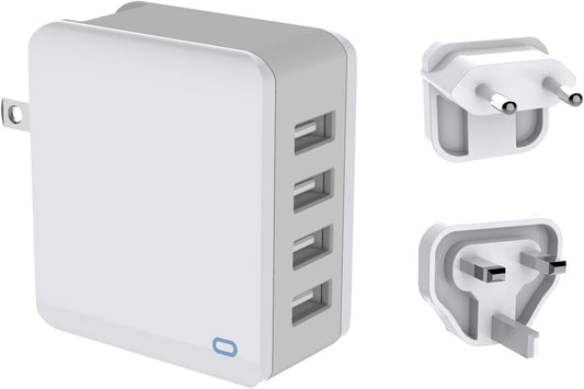 MiliPow Chargeur USB 4 Ports, Adaptateur Secteur de Voyage avec fiches US/UK/UE 24W 5V / 2,4A Compatible avec iPhone, Galaxy S9 / S8 / Note 8, Huawei P20, Tablette etc.