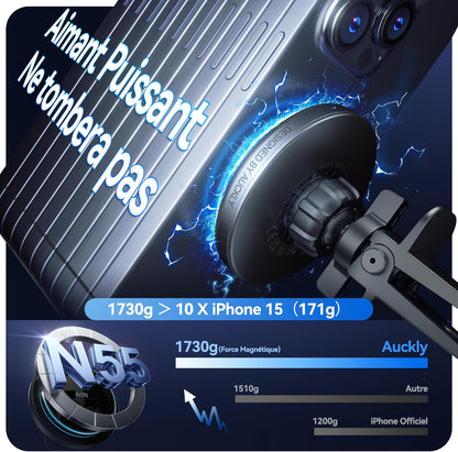 Auckly 15W Support Telephone Voiture Magsafe, (1.73kg) Magnétique Qi sans Fil Chargeur Magsafe Voiture, Grille d'aération, pour iPhone 16/15/14/13/12 Pro Max Mini Plus, Rapide, Aluminium, Noir