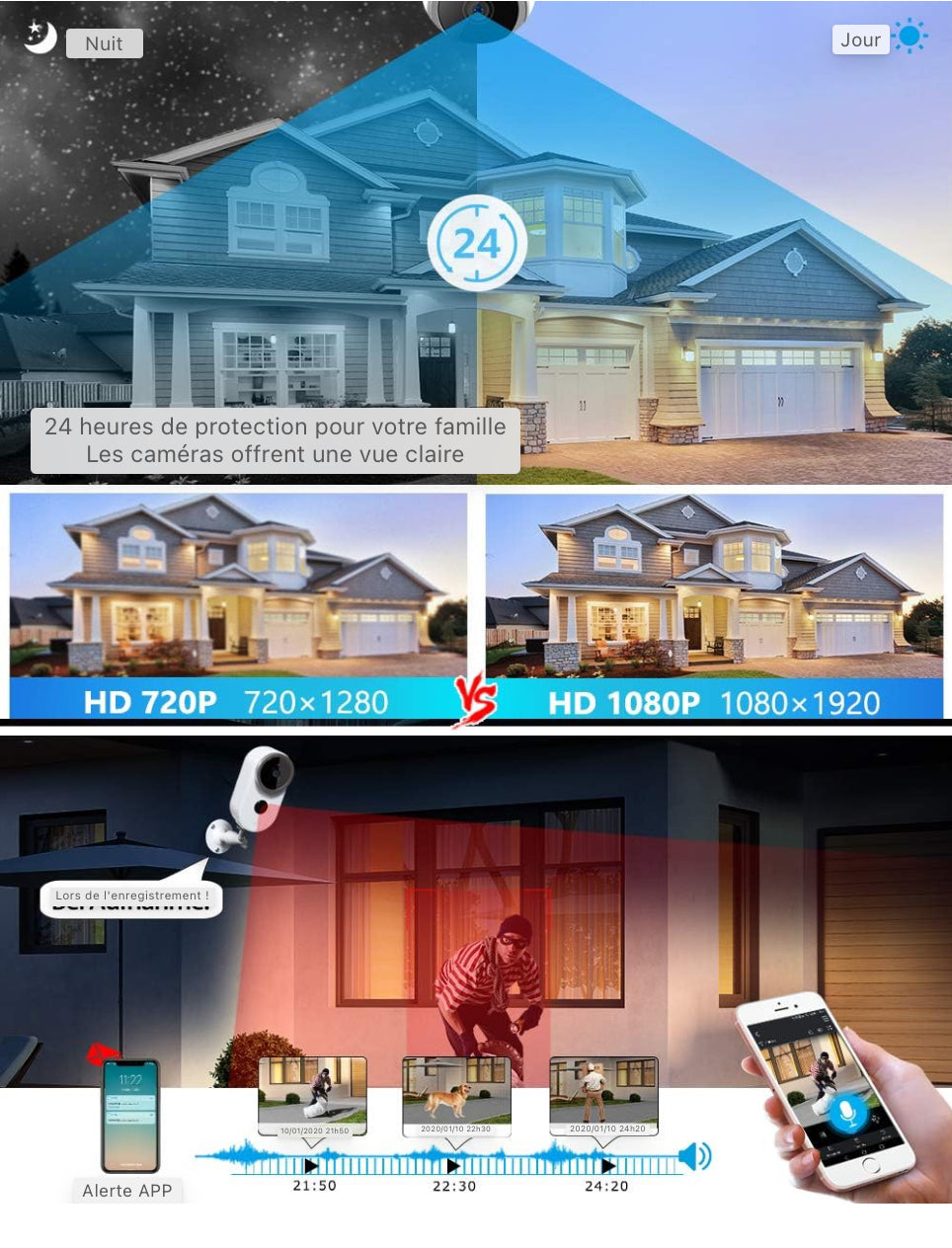 Caméra de sécurité sans fil WLAN 1080P Caméra IP pour extérieur et intérieur, fonctions de détecteur de mouvement PIR et interphone, sirène d'alarme manuelle Vision nocturne étanche Caméra WiFi IP65 et accès à distance