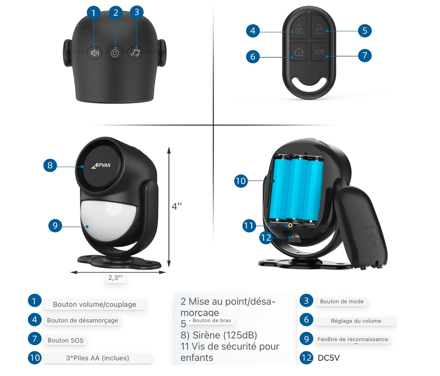alarme de détecteur de mouvement, capteur de mouvement avec télécommande, 125 dB, système d'alarme antivol pour maison, camping-car, garage, bureau, appartement, voiture, magasins, Noir
