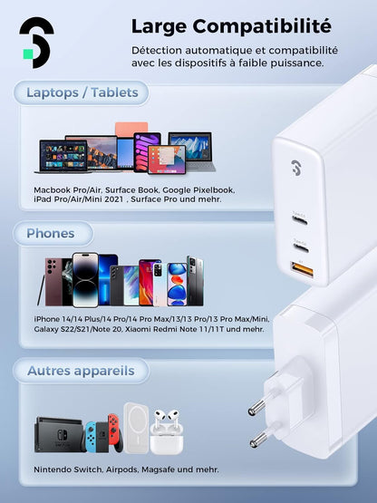 140W GaN Chargeur USB C - SOOMFON PD 3.1 Laptop Chargeur Rapide 3 Ports, Compatible avec MacBook Pro 16″/Air, iPad Pro, iPhone 14/13/12 Pro Max, Galaxy S22/S21, Pixel, Xiaomi et Plus Encore