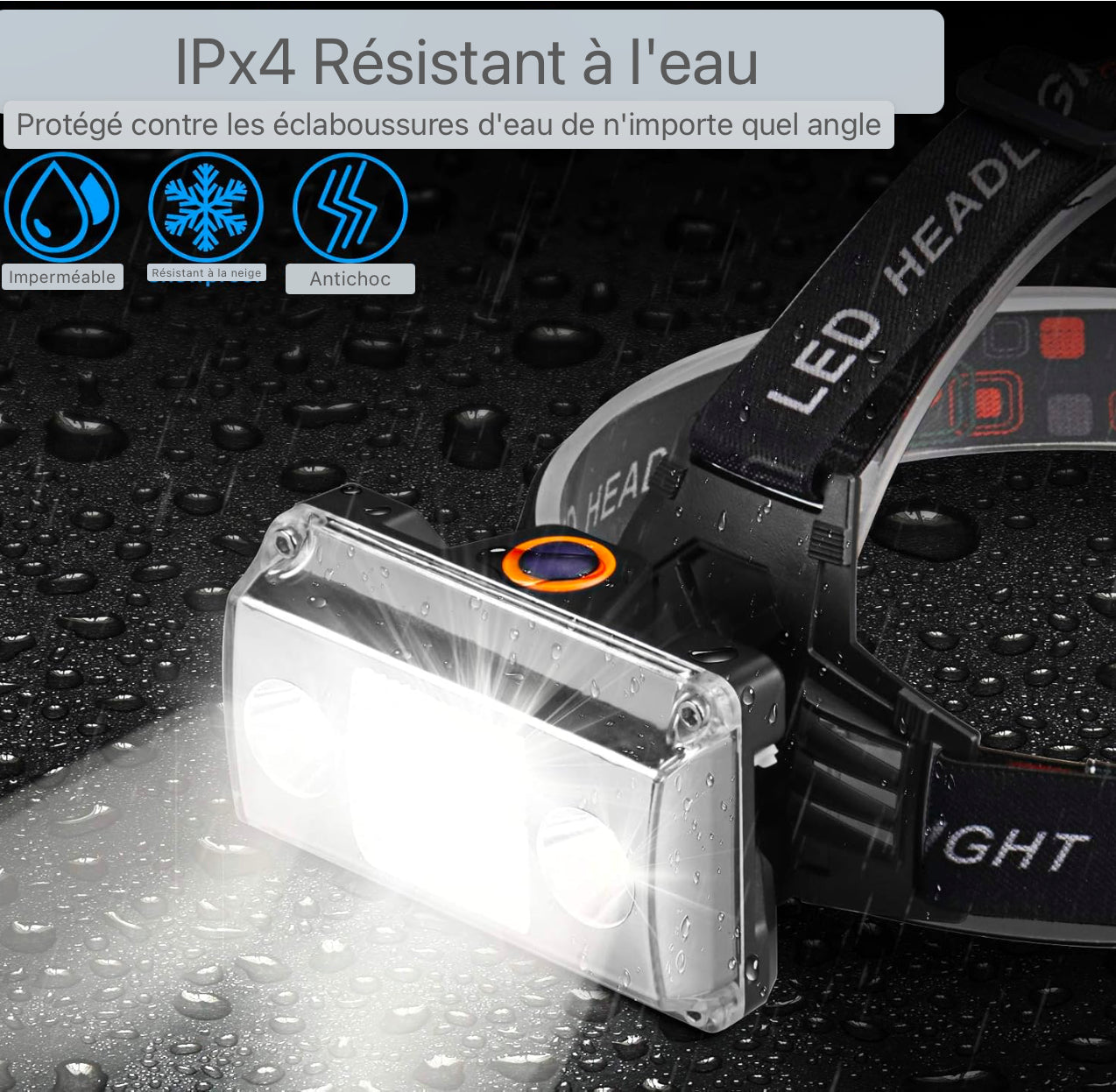 Lampe frontale, lampe frontale super lumineuse 10000 lumens 3 LED 4 modes, lampe frontale USB rechargeable étanche, parfaite pour le travail, l'extérieur, le camping, la randonnée, la pêche (noir)