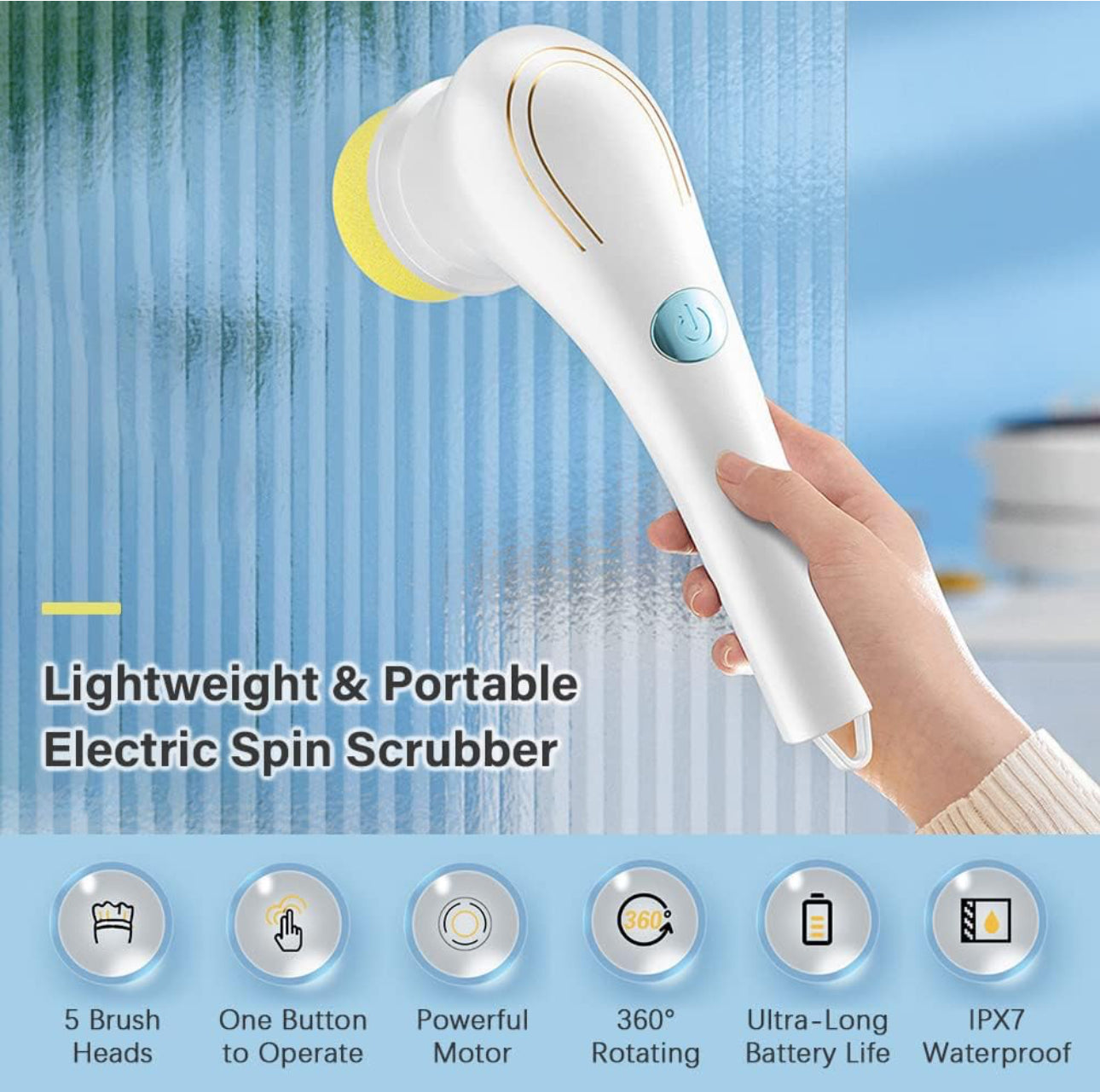 Brosse de Nettoyage Électrique sans Fil, Rotative à Main Multifonctionnelle, avec 5 Têtes, Etanche
