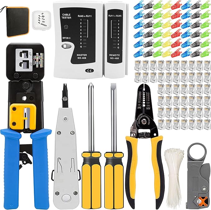 Pince à sertir RJ45, outils de réseau professionnels, entretien de l'ordinateur, kit LAN testeur de connexion, connecteurs RJ11/RJ12 réguliers et passants (Bleu)