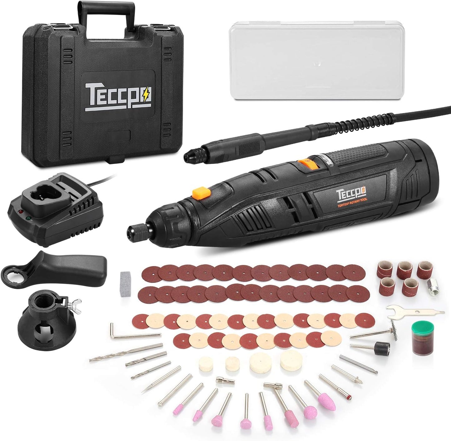 Outil rotatif sans fil, TECCPO 12 V avec mandrin sans clé à changement rapide, arbre flexible, 5 000 à 28 000 tr/min, 6 vitesses réglables, poignée auxiliaire, 80 accessoires.