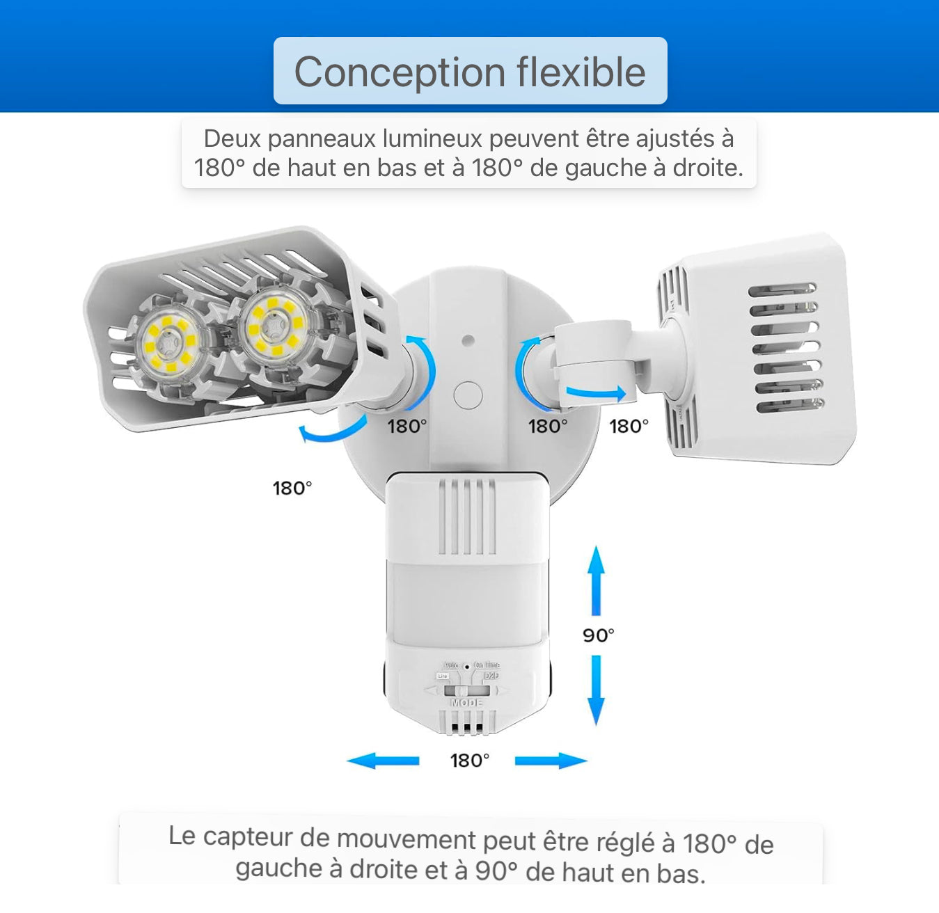 Projecteur LED avec détecteur de mouvement extérieur, lampe d'extérieur à LED 1800LM avec 2 têtes réglables, lumière de sécurité super brillante 5000K, éclairage étanche IP65 pour garage, jardin, blanc [classe énergétique E]