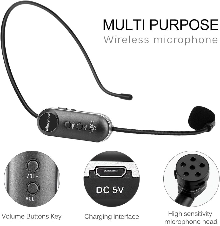 Mbuynow Microphone sans Fil UHF, Microphone Serre-Tête sans Fil 2 en 1 Rechargeable avec Récepteur pour Scène/Salle des fêtes/Conférence/Réunion/Enseignement et Autres Occasions