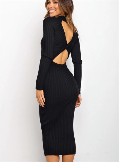 Robe "Elegance-Knot" – Robe Midi en Maille Côtelée avec Dos Nu Croisé