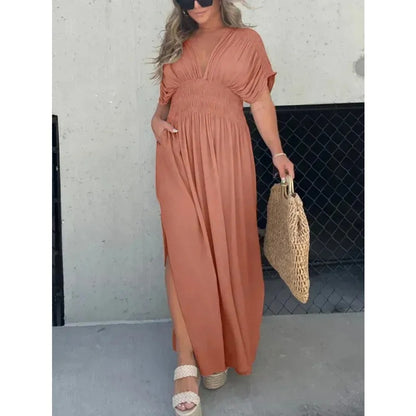 Robe Maxi "Manhattan-Flow" – Manches Chauve-souris, Col en V & Taille Élastique