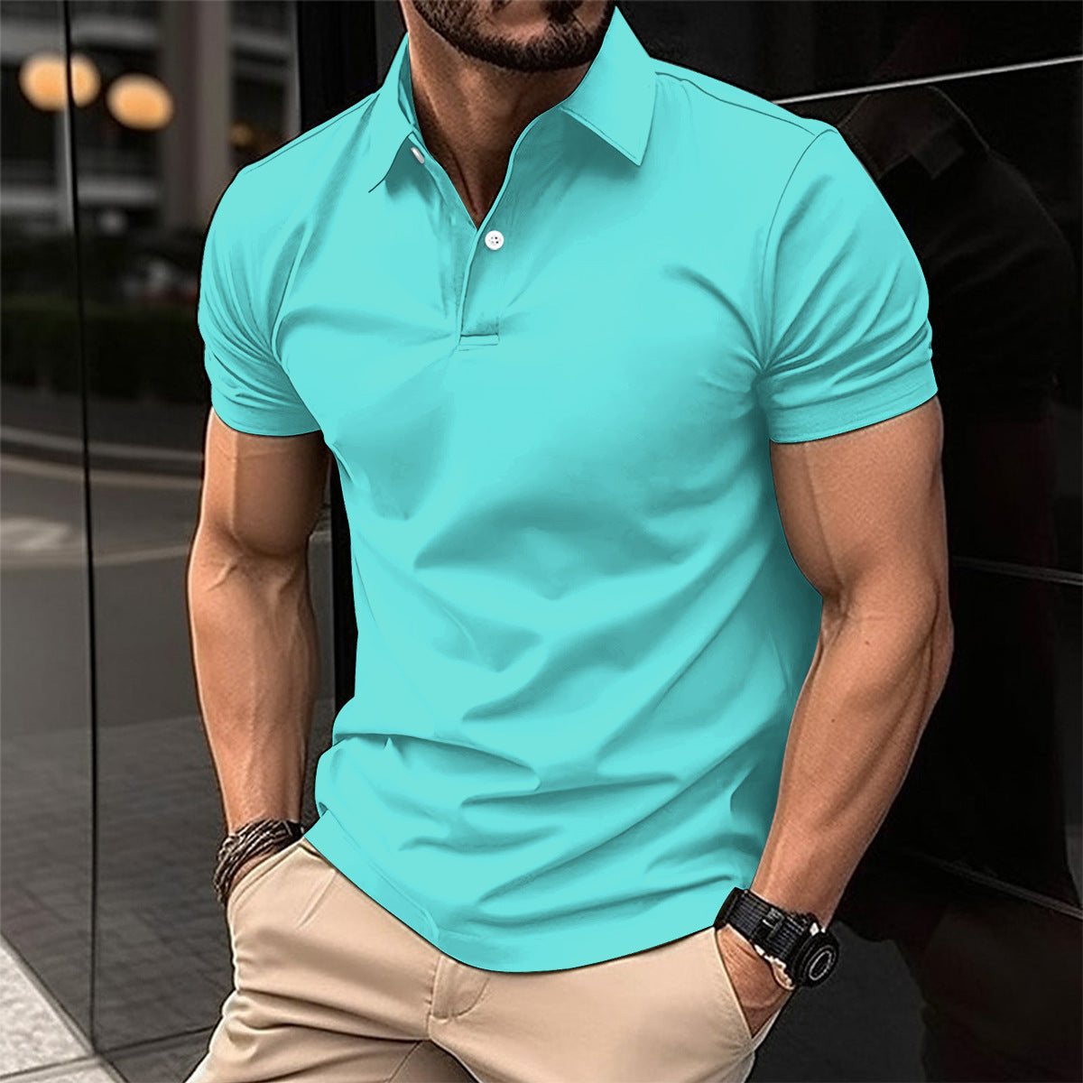 Polo d'été à manches courtes pour hommes avec Bouton de couleur unie Haut à boutons à revers