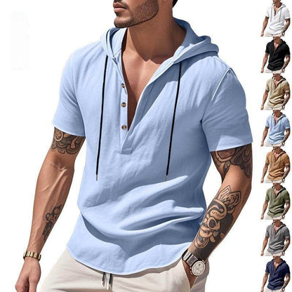 Chemise Henley "Breeze-Hood" – Lin Respirant, Manches Courtes & Capuche Ajustabl