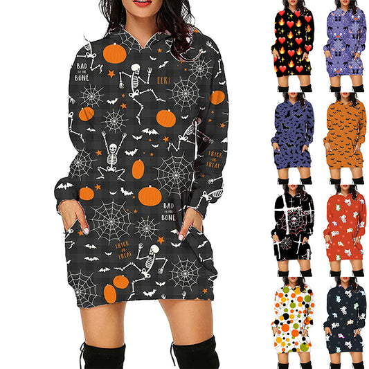 Robe-Sweat "Spooky-Vibe" – Sweat à Capuche Long Imprimé Halloween avec Poches
